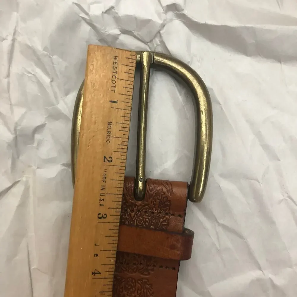 Leather Belt Brown Engraved Floral Vine Wide Italian Leather Medium